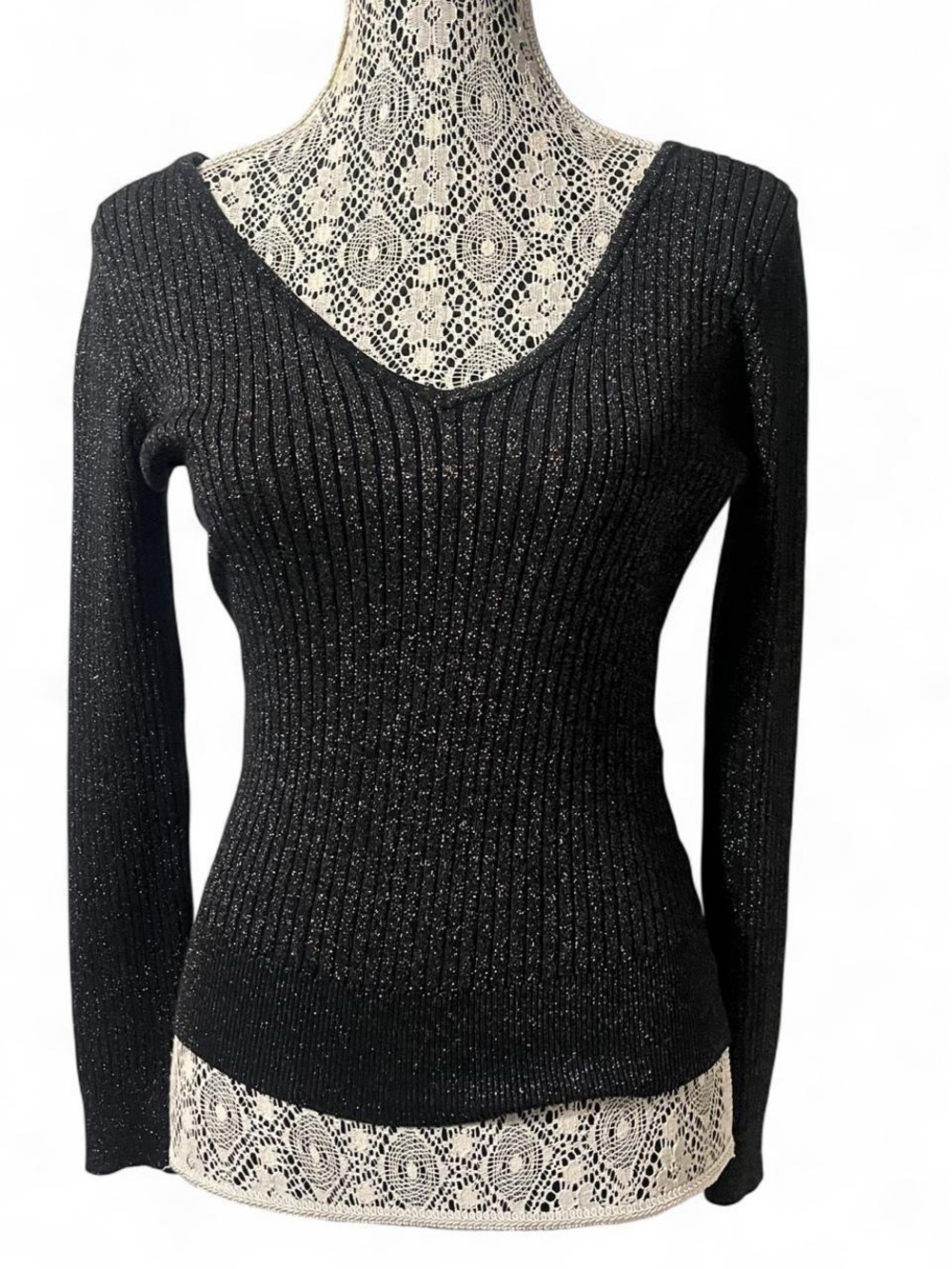 Say What? Black Metallic Ribbed V-Neck Sweater